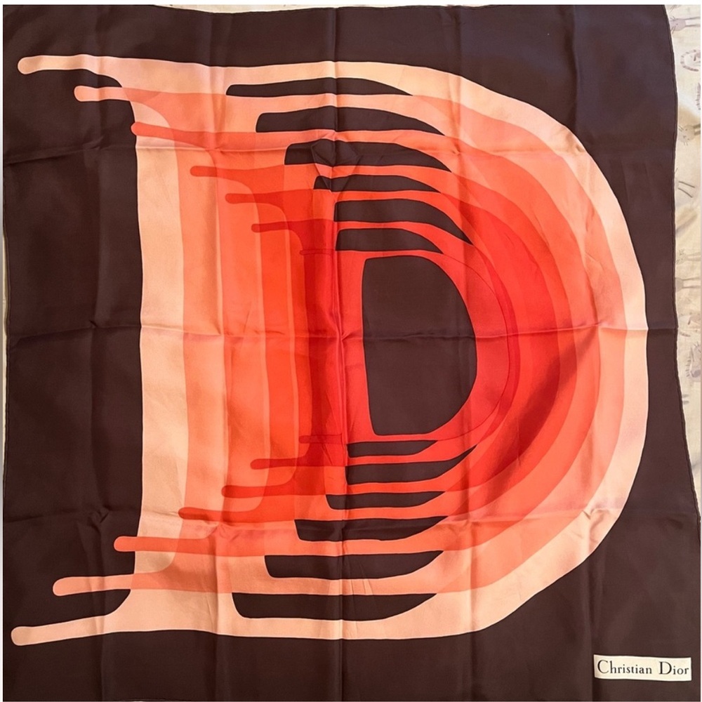 Vintage Dior silk scarf graphic D 1970s chocolate brown pink 29” Christian Dior